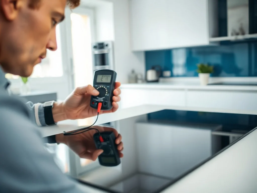 Serwisant sprawdza multimetrem podzespoły elektroniczne pod szklaną płytą indukcyjną w nowoczesnej kuchni.