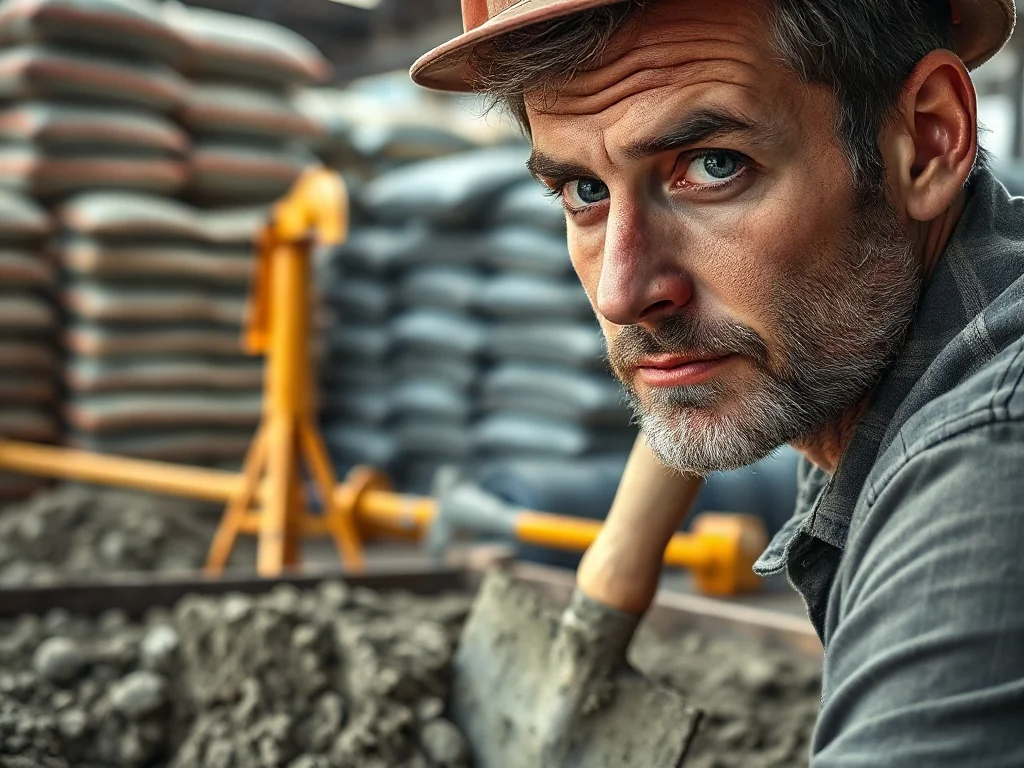 Mężczyzna przygotowujący mieszankę suchego betonu za pomocą łopaty na placu budowy.