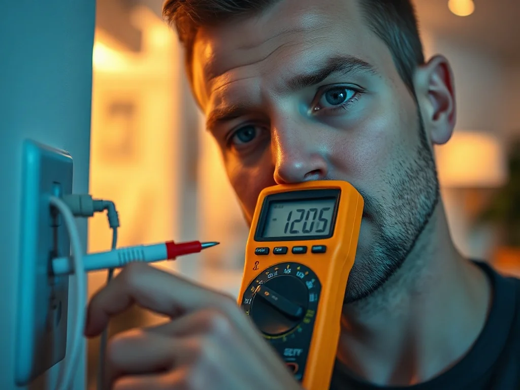 Mężczyzna używa multimetru cyfrowego do pomiaru napięcia w domowym gniazdku elektrycznym.